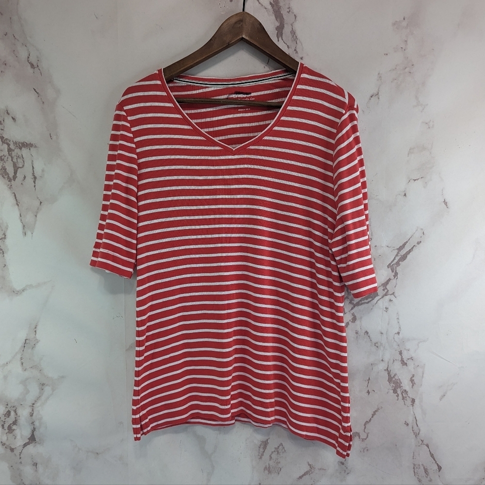 Chicos Shirt Women 2 Large Coral Orange White Short Sleeve Ultimate Tee V Neck